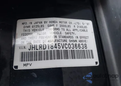 1997 Honda Cr-V из США, поврежденный, VIN JHLRD1845VC036638